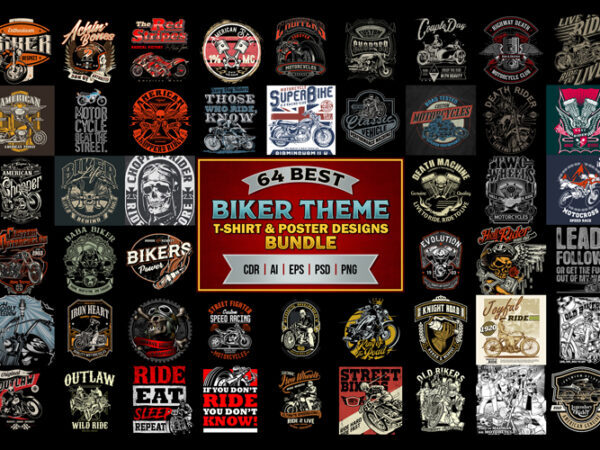 64 BEST BIKER THEME t shirt & poster designs bundle